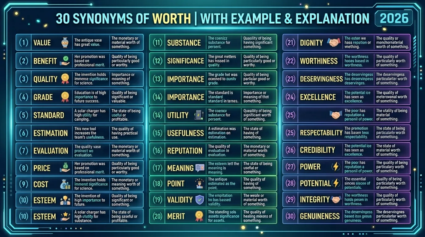 30 Synonyms of Worth with Example and Explanation 2026