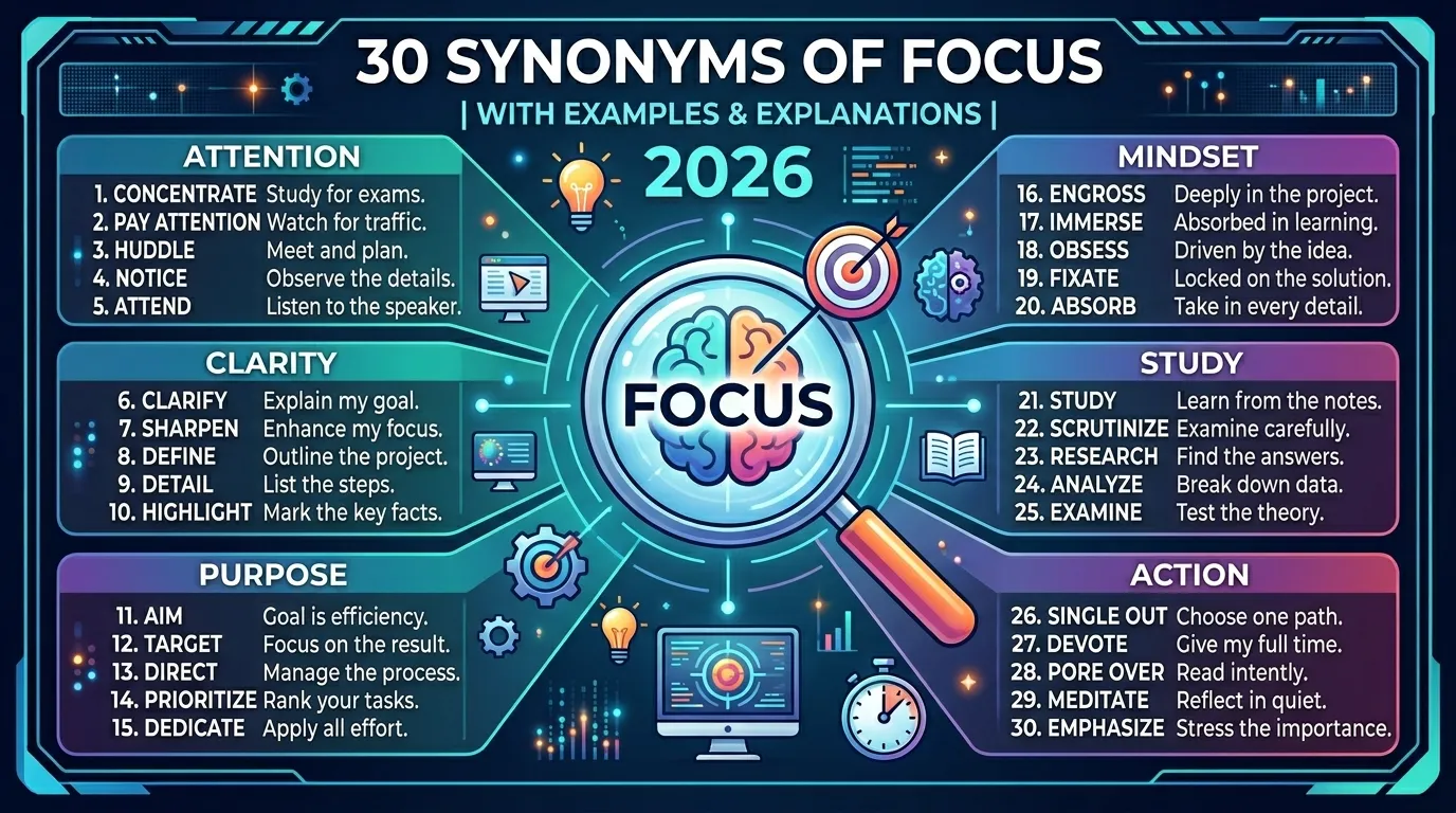 30 Synonyms of Focus with Example and Explanation 2026