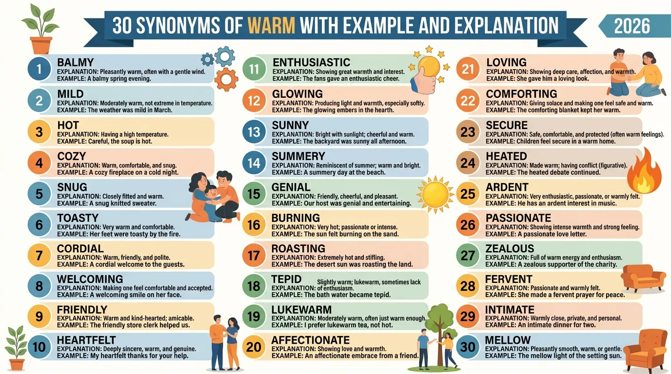 30 Synonyms of Warm with Example and Explanation 2026