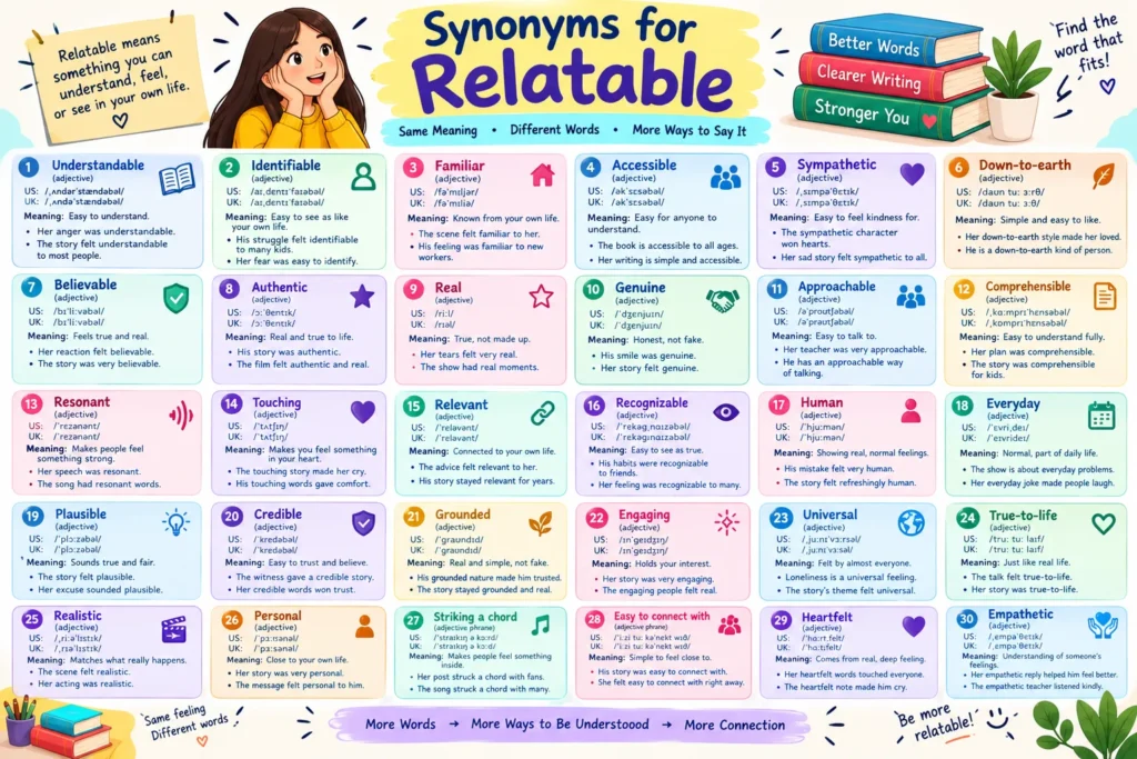 synonyms for relatable